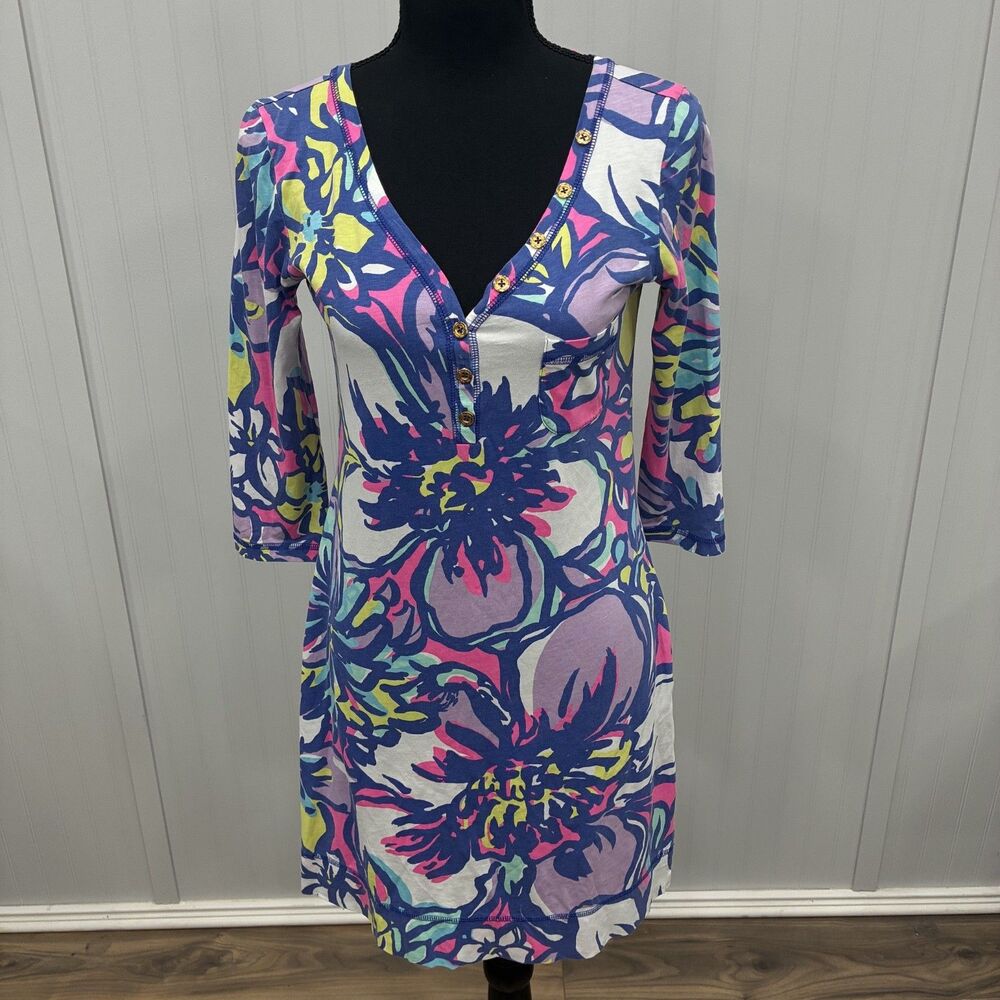 Lilly Pulitzer Womens Small Palmetto Pima Cotton Floral Henley Dress Pocket